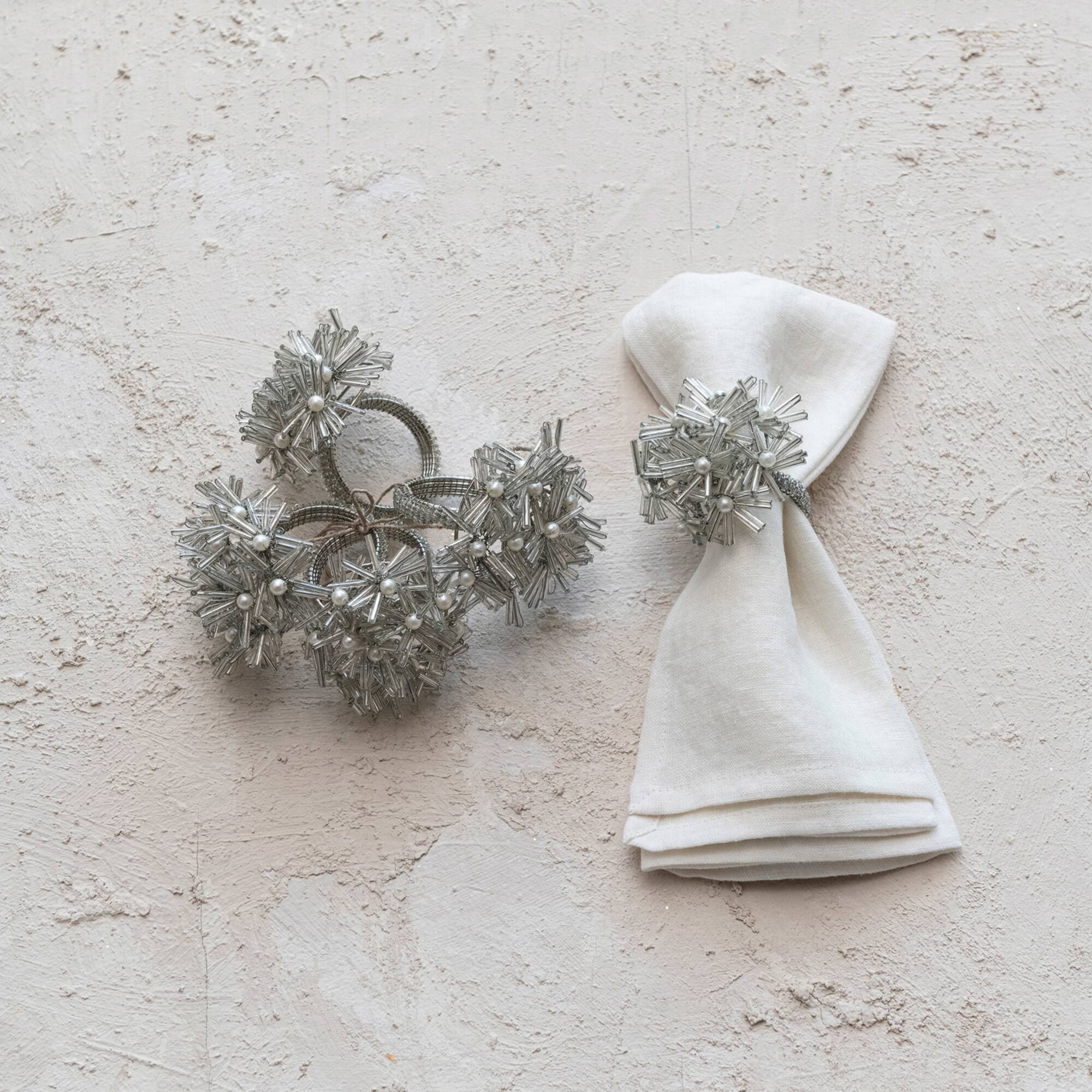 Hello Honey® Silver Glass Beaded Floral Metal Napkin Rings, 4ct.